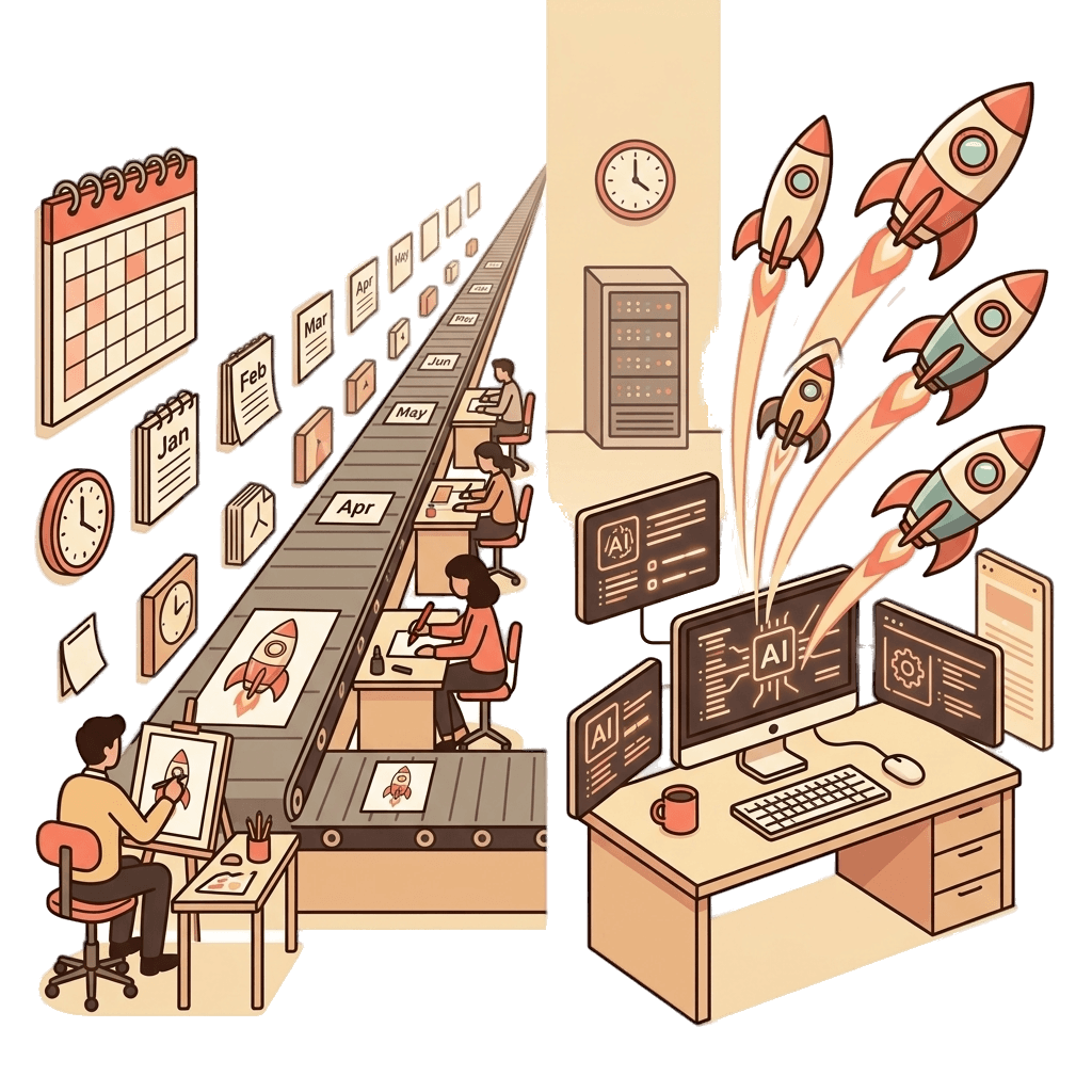 Fast AI illustration pipeline versus slow traditional studio timeline
