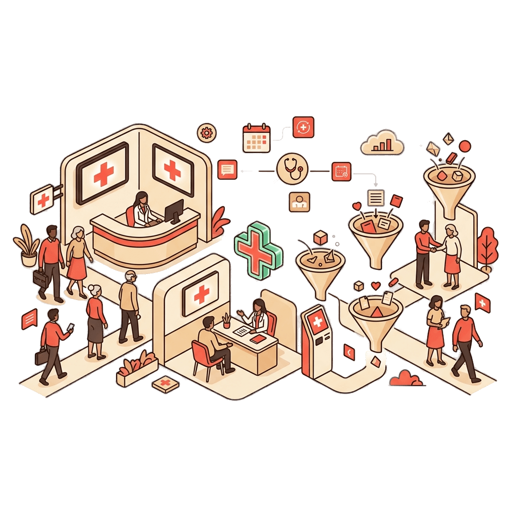 Healthcare digital ecosystem with patient pathways and appointment funnels