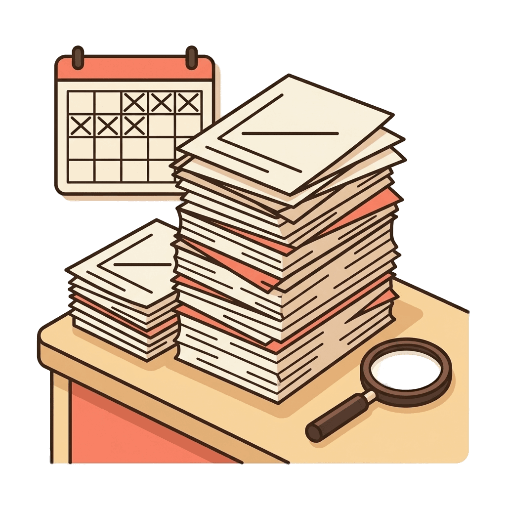 Desk stacked with generic PDF reports showing flat-line graphs