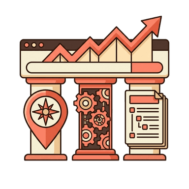 Three pillars supporting a search results page - local, technical, and on-page SEO