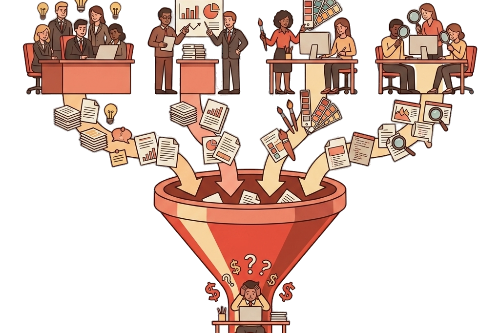 Four departments funnelling work through one dev team into a cracking CMS platform